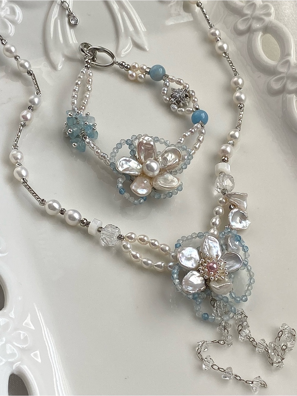GP90-Handmade Aquamarine And Flower Petal Pearl Necklace And Bracelet Set